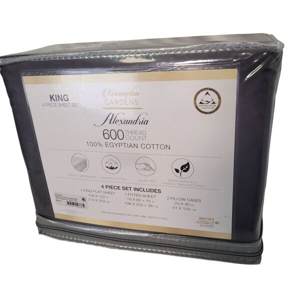 Kensington Gardens Alexandria King 4-Piece Charcoal Sheet Set 600 Thread Count - Picture 4 of 6
